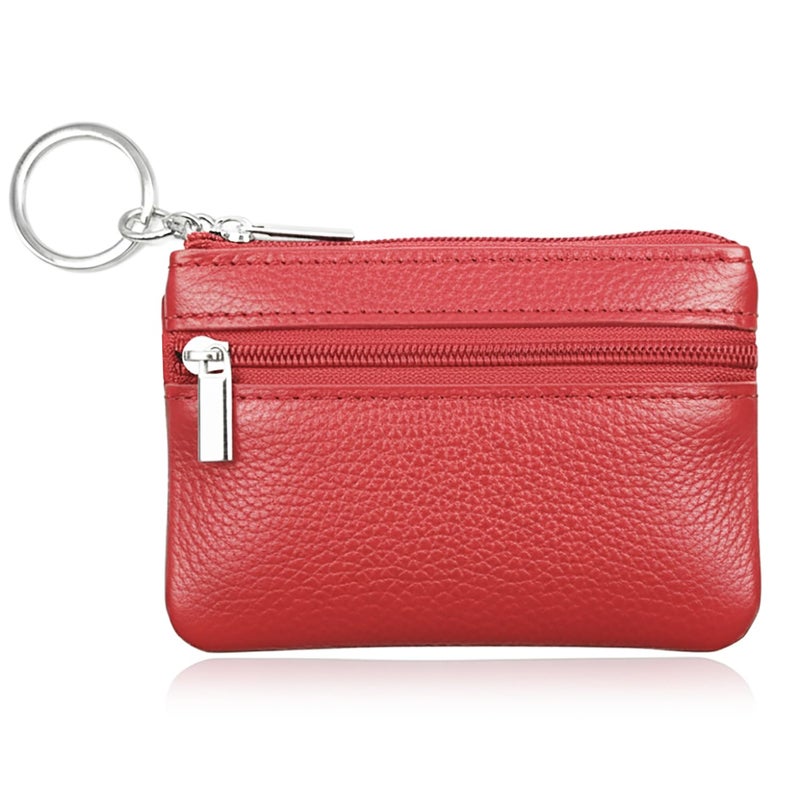 Hibate Red Small Leather Coin Purse Change Pouch for Women Men Kids with Zip Key Ring - Image 3